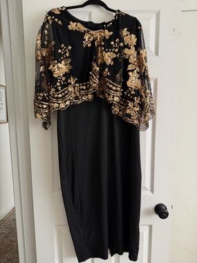 SHEIN Black Midi Dress with Gold Sequin Capelet